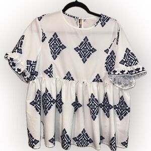 SHEIN White Blouse with Navy Geometric Design